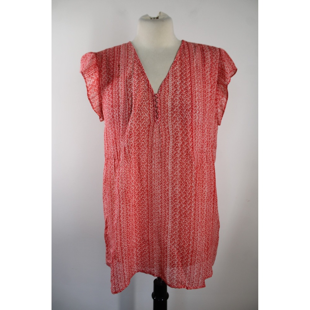 Joie M Red Lightweight Silk Blouse Flutter Sleeve V-Neck Abstract Print Top
